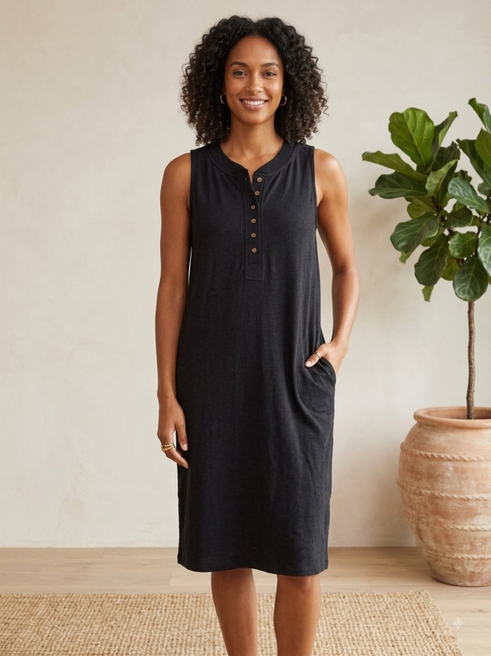 J.Jill Black Sleeveless Henley Midi Dress